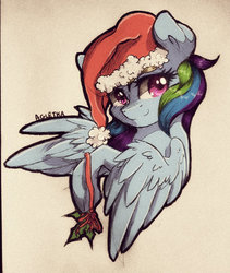 Size: 542x641 | Tagged: safe, artist:agletka, rainbow dash, pegasus, pony, g4, bust, christmas, female, hat, holiday, holly, looking at you, mare, portrait, santa hat, simple background, solo, traditional art