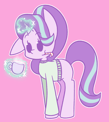 Size: 1203x1347 | Tagged: safe, artist:typhwosion, starlight glimmer, pony, unicorn, g4, christmas, clothes, female, floppy ears, glowing horn, holiday, horn, levitation, magic, mare, mug, pink background, simple background, solo, sweater, telekinesis