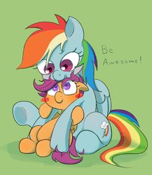Size: 2005x2305 | Tagged: safe, artist:noupu, rainbow dash, scootaloo, pegasus, pony, g4, awesome, backwards cutie mark, blush sticker, blushing, colored pupils, cute, duo, female, filly, floppy ears, green background, high res, mare, positive ponies, scootalove, simple background, sisterly love, sitting, underhoof