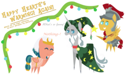 Size: 4500x2700 | Tagged: safe, artist:sketchmcreations, flash magnus, somnambula, star swirl the bearded, pony, g4, christmas star, clothes swap, laughing, merry christmas, mistletoe, ornaments, pointy ponies, prank, simple background, transparent background