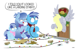 Size: 842x535 | Tagged: safe, artist:bobthedalek, derpy hooves, oc, oc:hard cyder, pegasus, pony, g4, angry, bubble butt, christmas wreath, clothes, crash, door, ducktales, ducktales 2017, hearth's warming eve, letter, mail, mailbag, mailmare, scarf, simple background, vector, white background, wreath