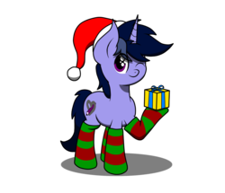 Size: 929x800 | Tagged: safe, artist:php142, oc, oc only, oc:purple flix, pony, unicorn, 2018 community collab, derpibooru community collaboration, christmas, clothes, cute, hat, holiday, looking at you, male, one eye closed, present, santa hat, simple background, socks, solo, striped socks, transparent background, wink
