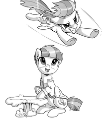Size: 1876x2160 | Tagged: safe, artist:pencils, rainbow dash, windy whistles, pony, g4, duo, female, filly, filly rainbow dash, flying, grayscale, mare, monochrome, mother and daughter, open mouth, simple background, smiling, table, white background, younger