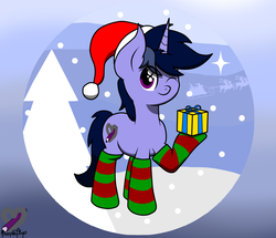 Size: 1785x1536 | Tagged: safe, artist:php142, oc, oc only, oc:purple flix, pony, unicorn, christmas, christmas tree, clothes, cute, gradient background, hat, holiday, looking at you, male, one eye closed, original version, present, santa claus, santa hat, sleigh, smiling, snow, socks, solo, stars, striped socks, tree, wink, winter