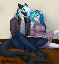 Size: 2761x2968 | Tagged: safe, artist:askbubblelee, oc, oc only, oc:bubble lee, oc:mako, orca pony, original species, unicorn, anthro, plantigrade anthro, anthro oc, book, clothes, couple, female, freckles, high res, makolee, male, mare, nervous, oc x oc, piercing, shipping, sitting, stallion, story in the source, straight, sweat, sweater, sweater dress, sweater puppies