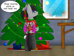 Size: 4000x3000 | Tagged: safe, artist:scarrly, oc, oc only, oc:scarrly, bat pony, pony, candle, christmas, christmas lights, christmas tree, clothes, dialogue, female, holiday, looking at you, looking back, ornament, ponytail, present, snow, snowfall, socks, solo, tree, ugly sweater