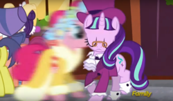 Size: 1105x647 | Tagged: safe, screencap, bonnie rose, comet tail, evening stroll, paraviolet, pinkie pie, snowfall frost, spirit of hearth's warming presents, starlight glimmer, pony, a hearth's warming tail, g4, season 6, *teleports behind you*, discovery family, discovery family logo, logo, motion blur, pinkie's present