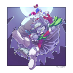 Size: 3500x3500 | Tagged: safe, artist:kaikoinu, limestone pie, pony, g4, bag, christmas, clothes, costume, female, full moon, hat, high res, holiday, mare, moon, night, open mouth, out of frame, present, sack, santa costume, santa hat, santa sack, socks, solo, stockings, thigh highs, white socks