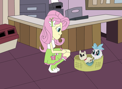 Size: 2337x1700 | Tagged: safe, artist:equestriaguy637, fluttershy, cat, dog, equestria girls, g4, animal rescue center, animal shelter, boots, bow, cat carrier, clothes, desk, hairpin, kitten, kneeling, puppy, shirt, shoes, skirt