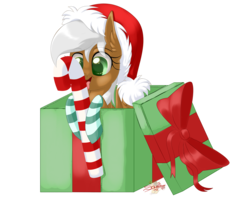 Size: 1003x800 | Tagged: safe, artist:unisoleil, oc, oc only, oc:cassiopeia, pegasus, pony, box, candy, candy cane, chibi, christmas, clothes, female, food, hat, holiday, mare, pony in a box, present, santa hat, simple background, socks, solo, striped socks, transparent background