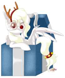 Size: 800x960 | Tagged: safe, artist:unisoleil, oc, oc only, oc:luminous, pegasus, pony, antlers, box, chibi, female, mare, one eye closed, pony in a box, present, red nose, reindeer antlers, simple background, solo, transparent background, wink