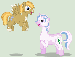 Size: 756x582 | Tagged: safe, artist:srbarker, oc, oc only, oc:primrose, oc:sprightly gear, pegasus, pony, unicorn, offspring, parent:derpy hooves, parent:doctor whooves, parent:fancypants, parent:fleur-de-lis, parents:doctorderpy, parents:fancyfleur, vitiligo