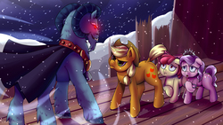Size: 4000x2250 | Tagged: dead source, safe, artist:draltruist, apple bloom, applejack, diamond tiara, grogar (g1), earth pony, pony, g1, g4, clothes, cloven hooves, cowboy hat, female, filly, glowing eyes, hat, implied silver spoon, male, mare, ram, red eyes, scarf, smiling, snow, snowfall, stetson