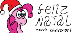 Size: 1644x750 | Tagged: safe, artist:theparadoxy, pinkie pie, pony, g4, christmas, female, happy, hat, holiday, merry christmas, portuguese, santa hat, simple background, smiling, solo, white background