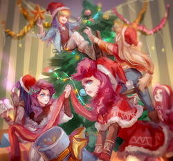 Size: 1500x1400 | Tagged: safe, artist:yikelizi905, applejack, fluttershy, pinkie pie, rainbow dash, rarity, twilight sparkle, human, g4, book, boots, christmas, christmas decoration, christmas tree, clothes, costume, eyes closed, female, hat, holiday, humanized, magic, mane six, open mouth, pants, party cannon, santa costume, santa hat, shoes, smiling, stars, sweater, tree