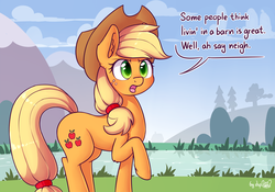 Size: 2529x1771 | Tagged: safe, artist:dsp2003, applejack, earth pony, pony, g4, applejack's hat, blushing, cloud, cowboy hat, cute, dialogue, ear fluff, female, freckles, glare, hat, horse puns, lake, leg fluff, mare, neigh, open mouth, pun, raised hoof, river, silly, silly pony, single panel, solo
