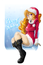 Size: 800x1200 | Tagged: safe, artist:artbenbeau, artist:benbeau, adagio dazzle, equestria girls, g4, boots, breasts, busty adagio dazzle, christmas, clothes, costume, female, happy holidays, hat, holiday, looking at you, pinup, santa costume, santa hat, shoes, signature, solo