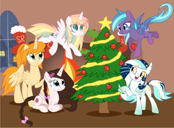 Size: 741x547 | Tagged: safe, artist:owlity, oc, oc only, oc:cassidy, oc:snarky sweets, oc:summer raine, oc:sweet dreams, oc:wistful galaxy, alicorn, bat pony, pony, alicorn oc, christmas, christmas tree, female, group photo, holiday, mare, merry christmas, snow, tree