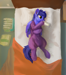 Size: 3207x3660 | Tagged: safe, artist:edrian, oc, oc only, oc:skaj, pony, adult foal, art trade, baby bottle, bed, bottle, diaper, footed sleeper, high res, milk bottle, non-baby in diaper, onesie, solo