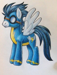 Size: 850x1105 | Tagged: safe, artist:andpie, soarin', pegasus, pony, g4, clothes, goggles, male, solo, stallion, traditional art, uniform, wonderbolts uniform