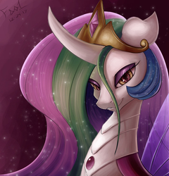 Size: 2300x2400 | Tagged: safe, artist:foughtdragon01, princess celestia, changedling, changeling, changeling queen, g4, bust, changedlingified, changelingified, colored pupils, crown, curved horn, ethereal mane, eyelashes, female, flowing mane, high res, horn, jewelry, lidded eyes, looking at you, princess chryslestia, purple background, regalia, signature, simple background, smiling, smiling at you, solo, species swap, spread wings, starry mane, wings, yellow eyes