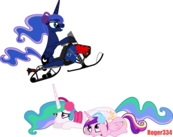 Size: 3210x2555 | Tagged: safe, artist:roger334, princess cadance, princess celestia, princess luna, alicorn, pony, g4, female, hearth's warming eve, high res, holiday, simple background, snowmobile, transparent background, vector, winter