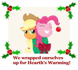 Size: 1670x1500 | Tagged: safe, artist:veggiefangirl, applejack, pinkie pie, pony, g4, bauble, bound together, bow, christmas ornament, decoration, holly, silly songs, silly songs with pinkie, veggietales, wrapped myself up for christmas, wrapped up