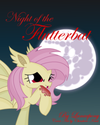 Size: 2260x2830 | Tagged: safe, artist:kaatseye, fluttershy, bat pony, pony, fanfic:night of the flutterbat, g4, blood, fanfic, fanfic art, fanfic cover, flutterbat, high res, licking, mare in the moon, moon, race swap, raised hoof, tongue out