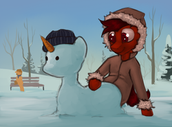 Size: 1352x1002 | Tagged: safe, artist:marsminer, oc, oc only, oc:mars miner, oc:venus spring, earth pony, pony, unicorn, carrot, christmas, female, food, holiday, male, mare, snow, snowman, solo focus, stallion, venus spring actually having a pretty good time