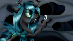 Size: 3309x1861 | Tagged: safe, artist:lixthefork, queen chrysalis, changeling, changeling larva, changeling queen, g4, cave, changeling hive, female, pupa, smiling