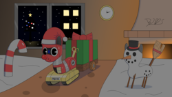 Size: 3507x1992 | Tagged: safe, artist:trackheadtherobopony, oc, oc only, oc:trackhead, pony, robot, robot pony, candy, candy cane, christmas, christmas tree, clock, fireplace, food, holiday, lights, snow, snowpony, solo, toy, tree, wind up key