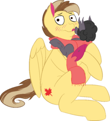 Size: 3110x3410 | Tagged: safe, artist:dadio46, oc, oc only, oc:dazzling flash, oc:maple syrup, changeling, pegasus, pony, blushing, changeling oc, clothes, couple, cutie mark, duo, embarrassed, female, high res, licking, male, mapling, nose licking, oc x oc, purple changeling, scarf, shipping, size difference, straight, tongue out, two toned hair