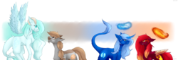 Size: 5999x2042 | Tagged: safe, artist:lastaimin, oc, oc only, air elemental, earth elemental, elemental, fire elemental, pegasus, pony, unicorn, water elemental, air, earth, element, fire, floating wings, high res, horns, leonine tail, ponified, ram horns, simple background, transparent background, water