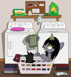 Size: 1497x1630 | Tagged: safe, artist:lightningbolt, derpibooru exclusive, pony, unicorn, g4, .svg available, bits, bored, bulletin board, clothes, corkboard, disguised siren, dryer, dryer sheets, fangs, frown, gain, glowing horn, guitar pick, hair over one eye, horn, jar, jewelry, kellin quinn, laundry, laundry basket, laundry detergent, laundry room, leaning, levitation, lidded eyes, lonely, magic, male, necklace, note, on back, paper, picture, ponified, sad, shelf, shirt, show accurate, sitting, sleeping with sirens, slit pupils, socks, solo, stallion, sticker, svg, t-shirt, telekinesis, vector, washing machine