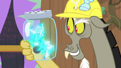 Size: 1280x720 | Tagged: safe, screencap, discord, draconequus, discordant harmony, g4, flying napkin, glass jar, glowing, hard hat, jar, male, napkin, solo