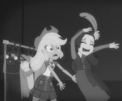 Size: 432x358 | Tagged: safe, screencap, applejack, rarity, equestria girls, equestria girls series, g4, rarity investigates: the case of the bedazzled boot, animated, applejack is not amused, catching, clothes, detective rarity, drama queen, duo, female, grayscale, hat, marshmelodrama, monochrome, rarity being rarity, rarity investigates (eqg): applejack, shipping fuel, unamused