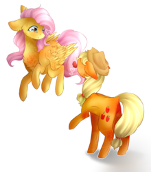 Size: 881x1000 | Tagged: safe, artist:twinkepaint, applejack, fluttershy, earth pony, pegasus, pony, g4, apple, cowboy hat, featureless crotch, female, food, hat, lesbian, mare, ship:appleshy, shipping, simple background, smiling, stetson, transparent background