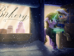 Size: 1024x768 | Tagged: safe, artist:novaintellus, oc, oc only, oc:ilynalta, oc:ink, pony, bakery, cake, clothes, female, food, gift art, glasses, magic, male, mare, oc x oc, scarf, shipping, smiling, snow, snowfall, stallion, straight