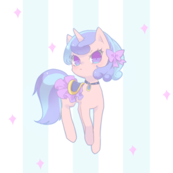 Size: 1590x1590 | Tagged: safe, artist:kkmrarar, royal ribbon, earth pony, pony, unicorn, g4, abstract background, bow, cute, female, hair bow, jewelry, necklace, pixiv, saddle, solo, striped background, tack