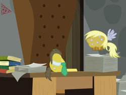 Size: 800x600 | Tagged: safe, artist:emilz-the-half-demon, derpy hooves, doctor whooves, time turner, g4, book, derpy is a muffin, desk, doctor pear, duo, food, food transformation, irony, muffin, muffin hooves, pear, time pear, transformation