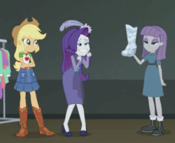Size: 419x344 | Tagged: safe, screencap, applejack, maud pie, rarity, equestria girls, equestria girls series, g4, rarity investigates: the case of the bedazzled boot, animated, boot, boots, clothes, cowboy hat, denim skirt, detective rarity, dress, female, hat, high heels, marshmelodrama, out of context, rarity investigates (eqg): applejack, satisfied, shoes, skirt, stetson