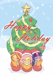 Size: 1000x1414 | Tagged: safe, artist:howxu, fluttershy, sunset shimmer, twilight sparkle, equestria girls, g4, blushing, caroling, christmas, christmas tree, clothes, cute, eyes closed, holiday, howxu is trying to murder us, shimmerbetes, shyabetes, snow, tree, trio, twiabetes, winter