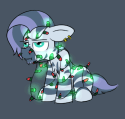 Size: 749x712 | Tagged: safe, artist:starry5643, oc, oc only, oc:amani, pony, zebra, animated, christmas, christmas lights, ear piercing, frown, gray background, holiday, piercing, simple background, sitting, solo, unamused, zebra oc