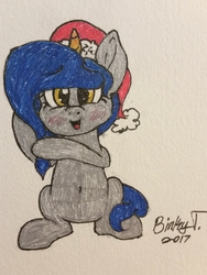 Size: 2117x2822 | Tagged: safe, artist:binkyt11, oc, oc only, pony, unicorn, amino, belly button, blushing, christmas, female, hat, high res, holiday, horn, mare, multicolored horn, santa hat, solo