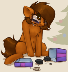 Size: 830x884 | Tagged: safe, artist:marsminer, edit, oc, oc only, oc:venus spring, pony, unicorn, abuse, abuse edit, black eye, bruised, christmas, christmas tree, coal, crossing the line twice, crying, holiday, horn, present, pure unfiltered evil, sad, solo, tree, unicorn oc, we are going to hell
