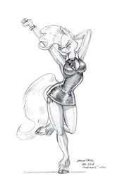 Size: 1000x1441 | Tagged: safe, artist:baron engel, mayor mare, earth pony, anthro, unguligrade anthro, g4, arm behind head, armpits, black dress, breasts, busty mayor mare, clothes, dancing, dress, eyes closed, female, glasses, grayscale, little black dress, monochrome, pencil drawing, simple background, smiling, solo, stupid sexy mayor mare, traditional art, unshorn fetlocks, white background