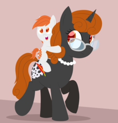 Size: 1920x2000 | Tagged: safe, artist:dtcx97, artist:meestorvertex, edit, oc, oc only, oc:graphia, oc:victus, earth pony, pony, unicorn, colt, cutie mark, duo, female, foal, glasses, hooves, horn, jewelry, lineless, male, mare, mother and son, necklace, open mouth, pearl necklace, ponies riding ponies, riding, victus riding graphia