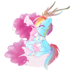 Size: 5000x5000 | Tagged: safe, artist:pinkablue, pinkie pie, rainbow dash, earth pony, pegasus, pony, g4, absurd resolution, antlers, blushing, clothes, cute, duo, eyes closed, female, hug, lesbian, mare, nuzzling, reindeer antlers, reindeer dash, ship:pinkiedash, shipping, simple background, sitting, smiling, socks, striped socks, white background, winghug