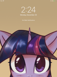 Size: 1536x2048 | Tagged: safe, artist:mirroredsea, twilight sparkle, pony, unicorn, g4, behaving like a cat, blushing, floppy ears, horn, lockscreen, looking at you, phone wallpaper, simple background, twilight cat, unicorn twilight, yellow background