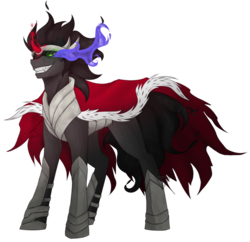 Size: 1024x992 | Tagged: safe, artist:randomlydoodles, king sombra, pony, unicorn, g4, cape, clothes, curved horn, dark magic, glowing horn, grin, horn, magic, male, simple background, smiling, solo, sombra eyes, transparent background